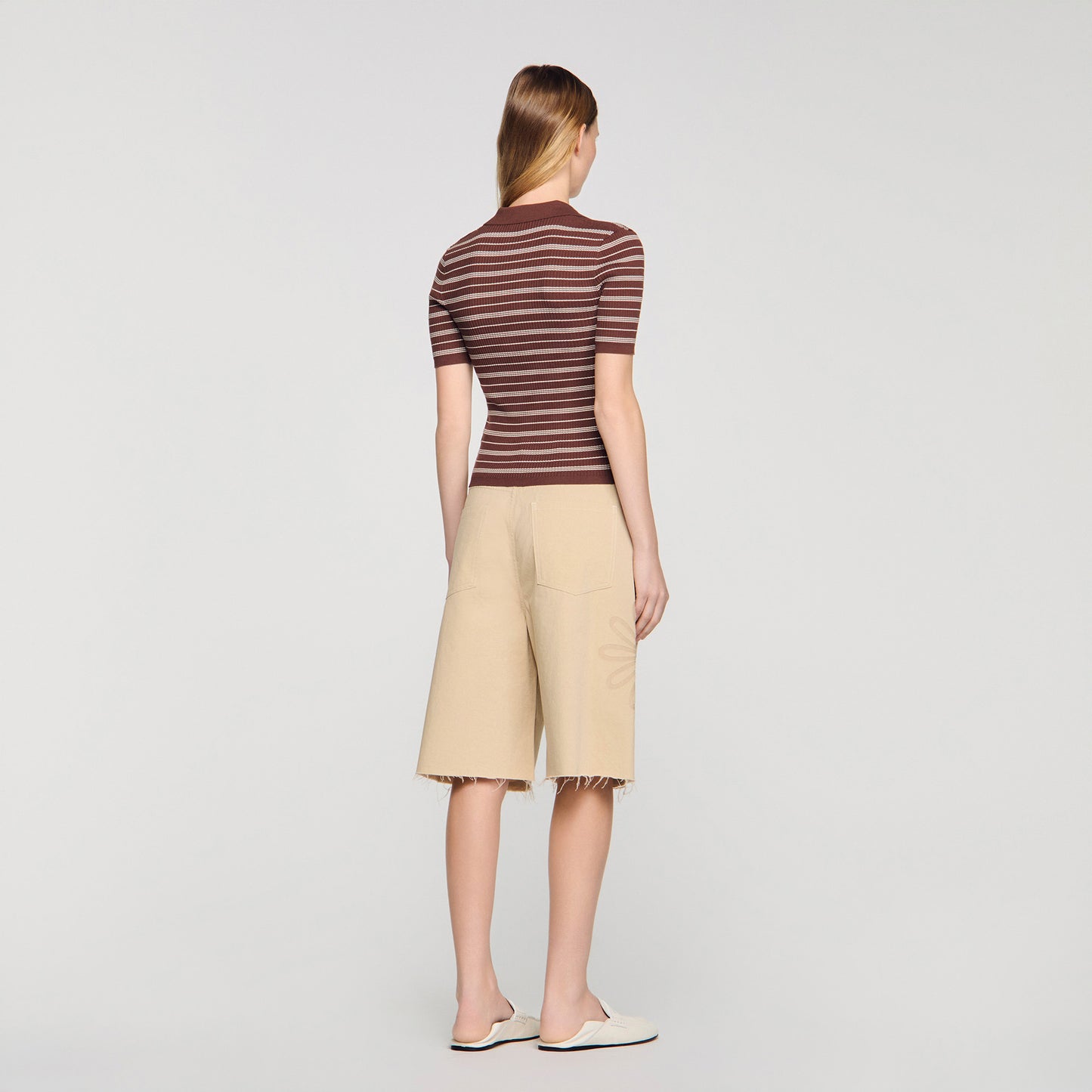 Driss Striped V-Neck Polo Jumper Brown