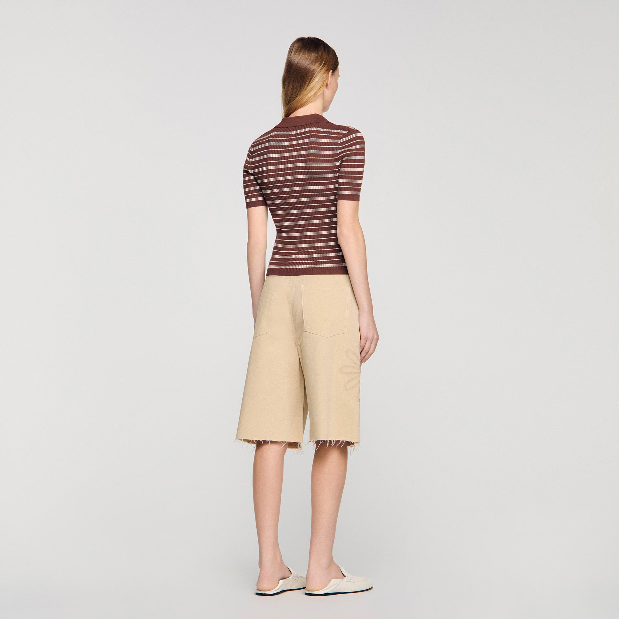 Driss Striped V-Neck Polo Jumper Brown