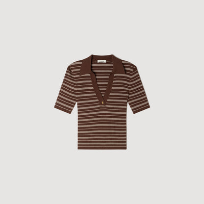 Driss Striped V-Neck Polo Jumper Brown
