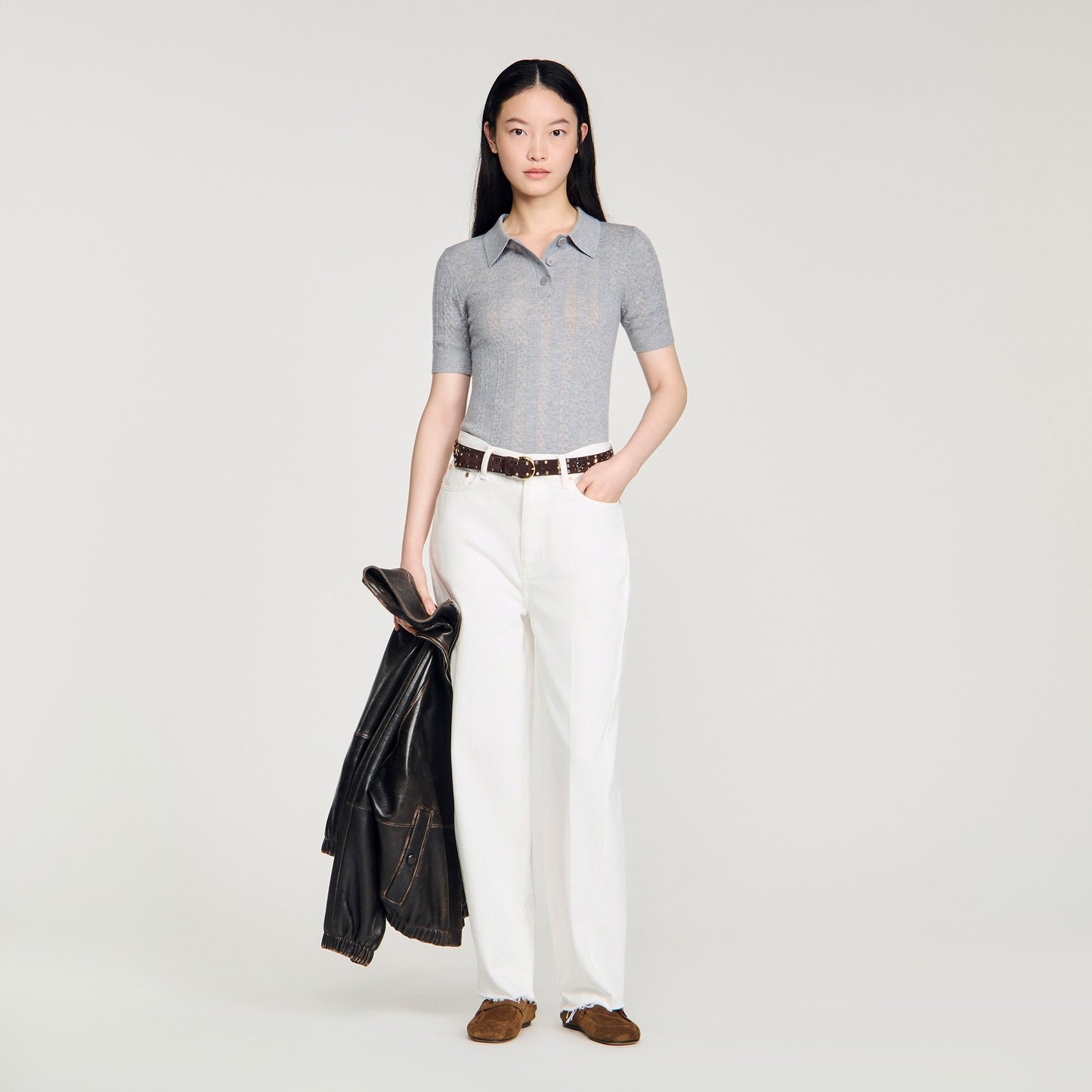Lessio Pointelle Polo-Neck Wool Jumper Grey