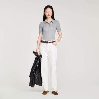 Lessio Pointelle Polo-Neck Wool Jumper Grey