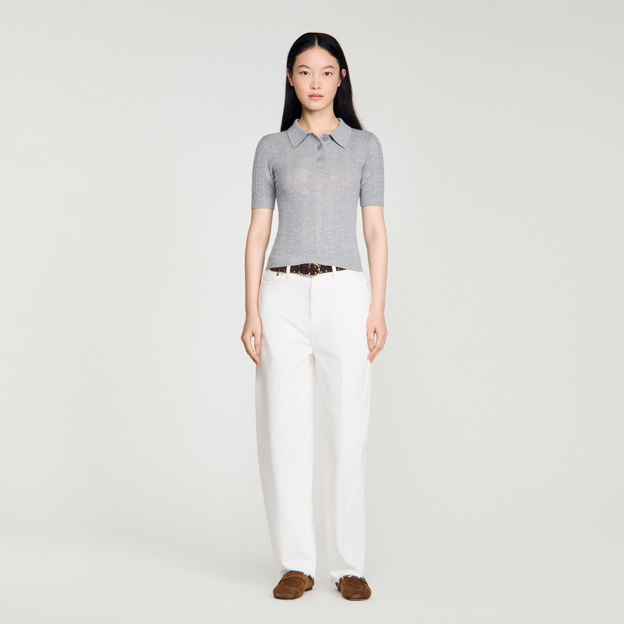 Lessio Pointelle Polo-Neck Wool Jumper Grey