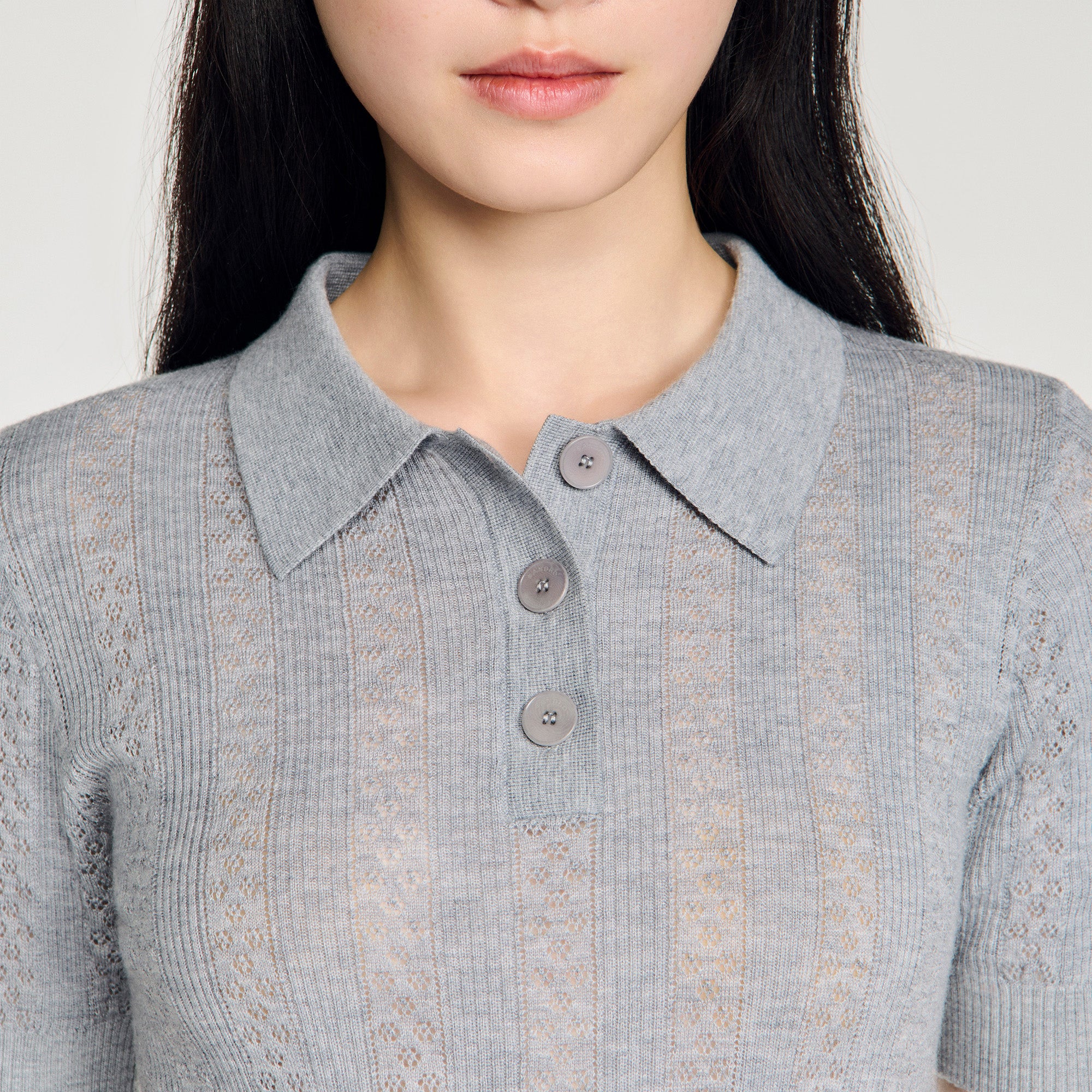 Lessio Pointelle Polo-Neck Wool Jumper Grey