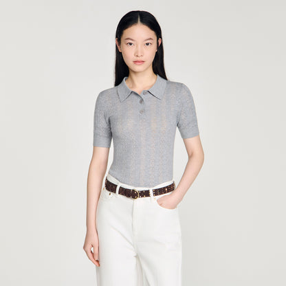 Lessio Pointelle Polo-Neck Wool Jumper Grey