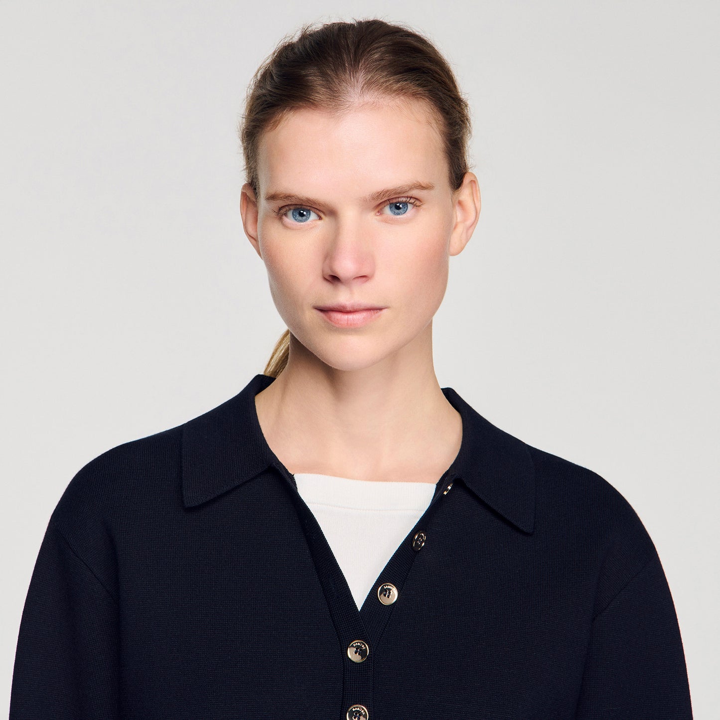 Doryan Metal Button Layered Collar Jumper Navy Blue