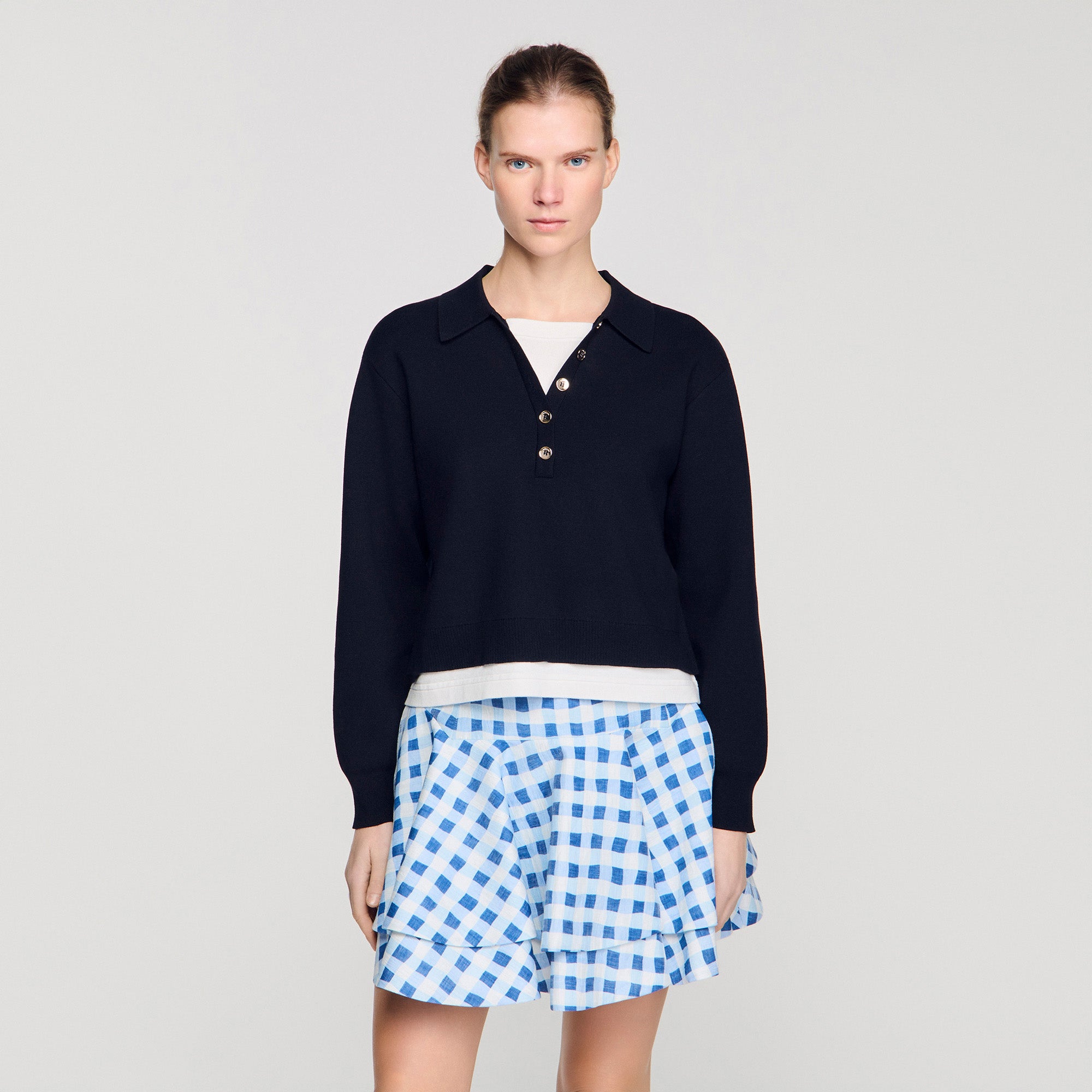 Doryan Metal Button Layered Collar Jumper Navy Blue