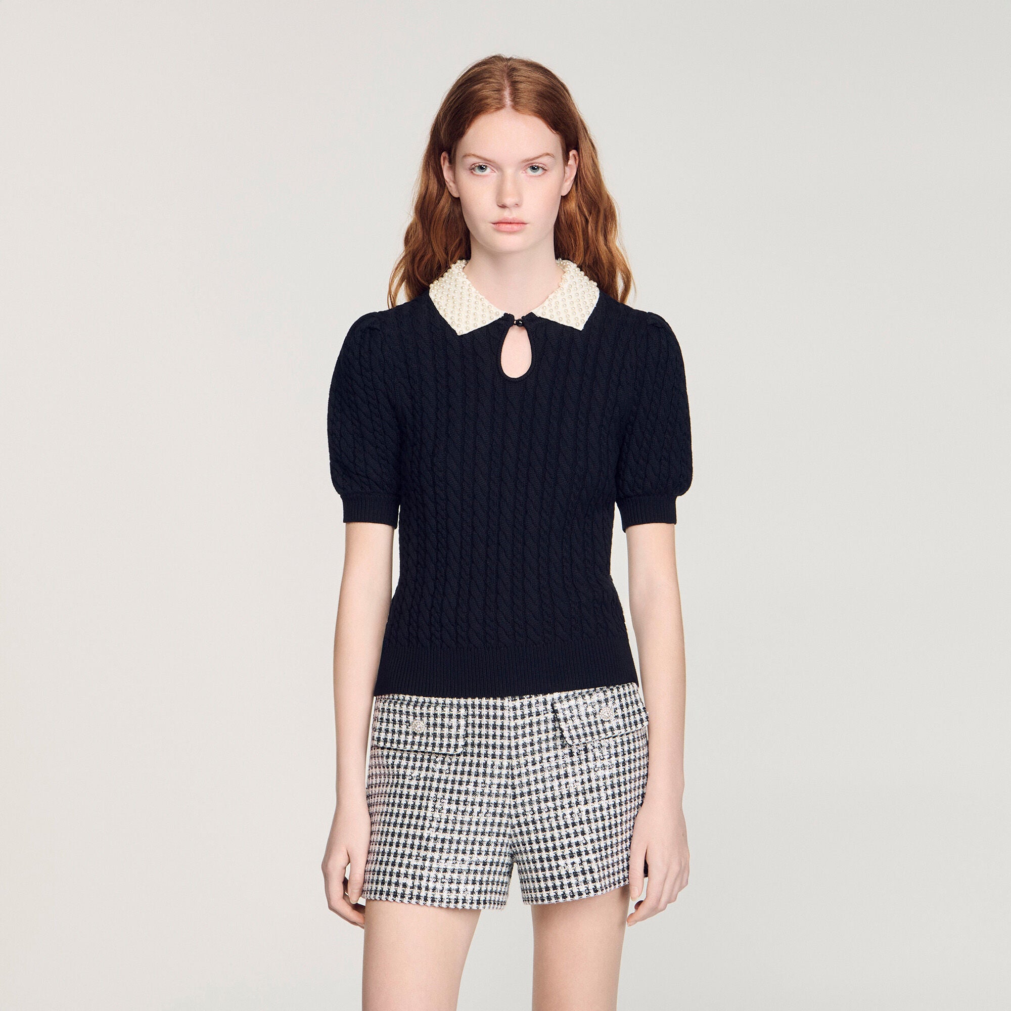 Madine Pearl Collar Cable Knit Jumper Black