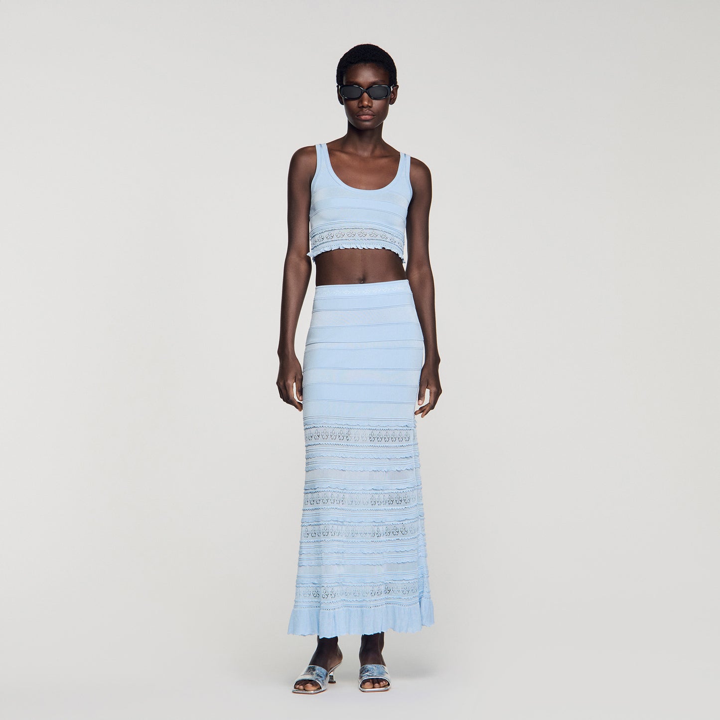 Andre Pointelle Knit Crop Top Sky Blue