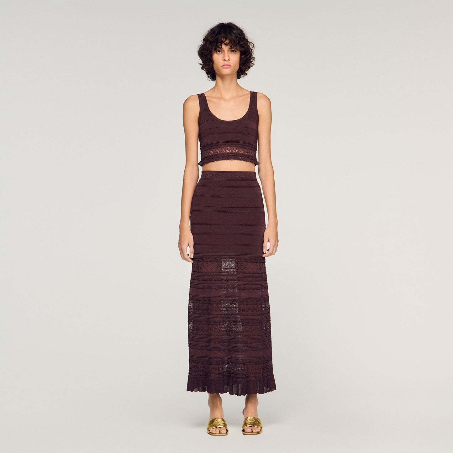 Andre Pointelle Knit Crop Top Brown
