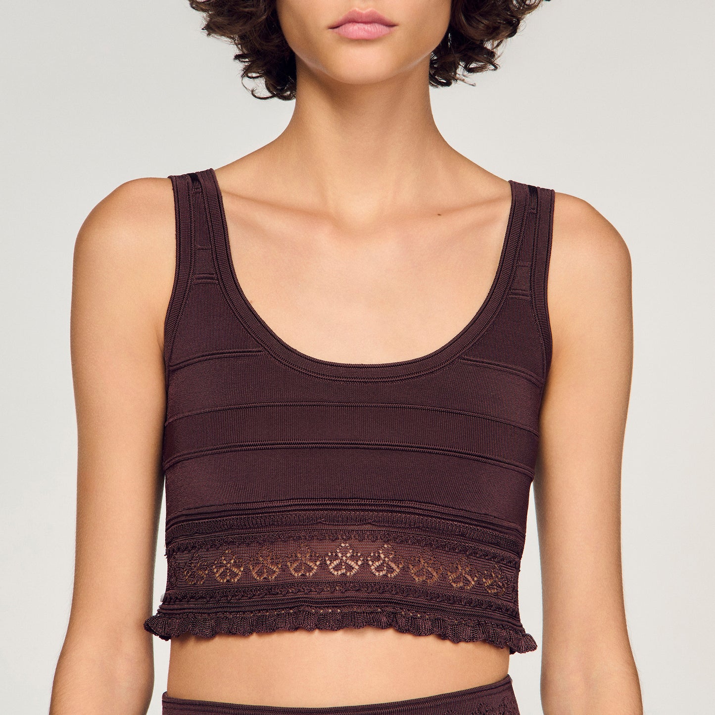 Andre Pointelle Knit Crop Top Brown