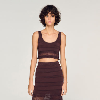 Andre Pointelle Knit Crop Top Brown