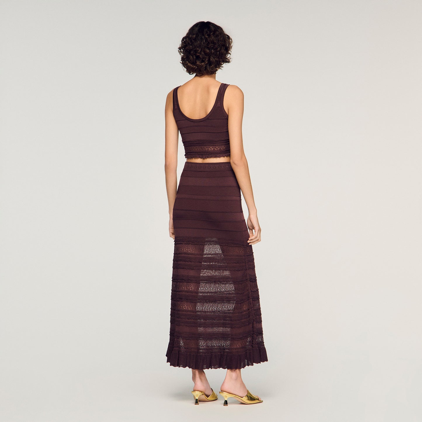 Andre Pointelle Knit Crop Top Brown
