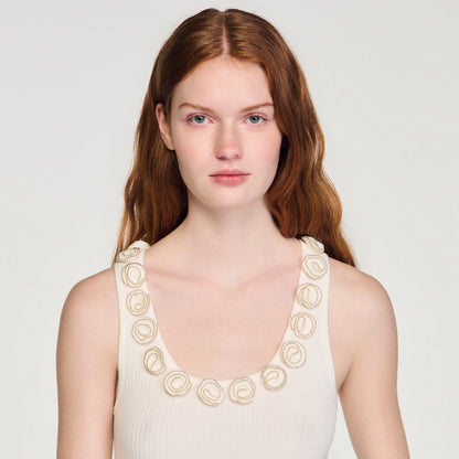 Freesia Ribbed Jumper With Beaded Roses White