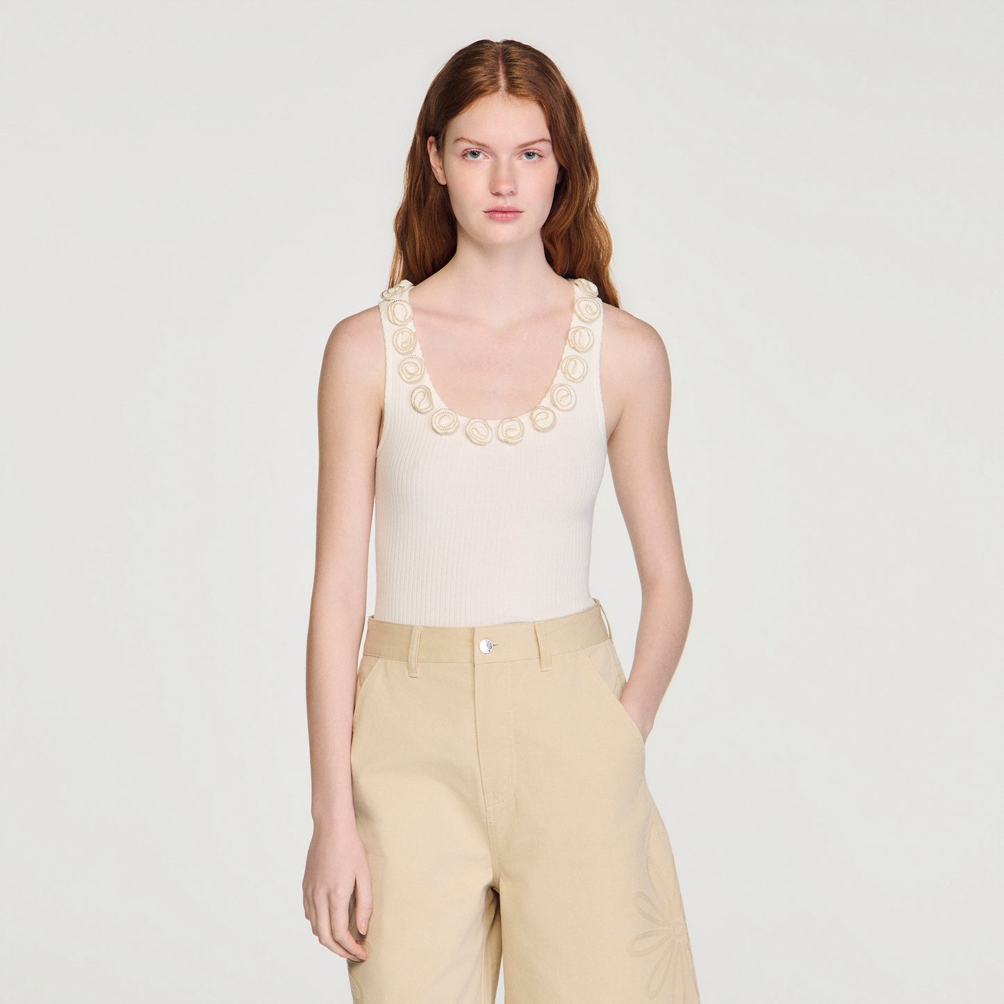 Freesia Ribbed Jumper With Beaded Roses White
