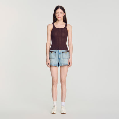 Aloe Pointelle knit vest top with bow Brown