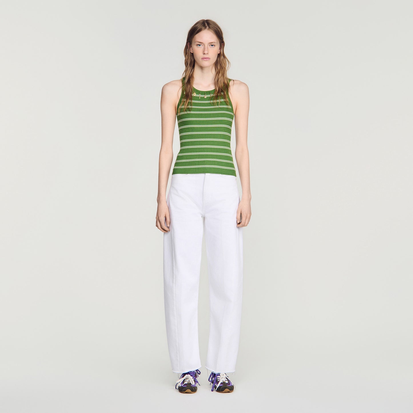 Ona Striped vest top with tassels Green / Ecru