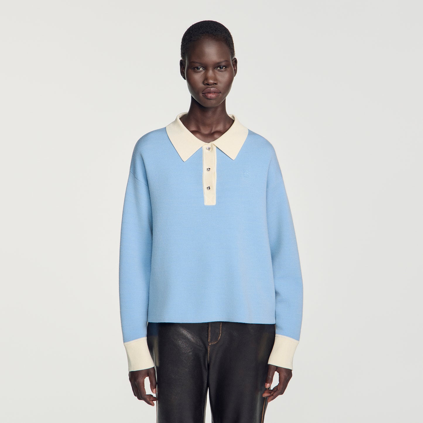 Megan Two-tone wool polo jumper Sky Blue