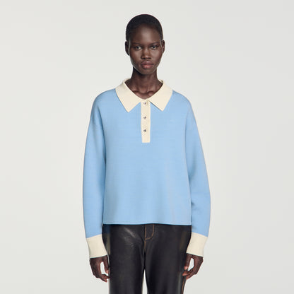 Megan Two-tone wool polo jumper Sky Blue