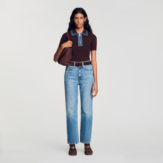 Richmond Knit polo jumper with denim collar Brown