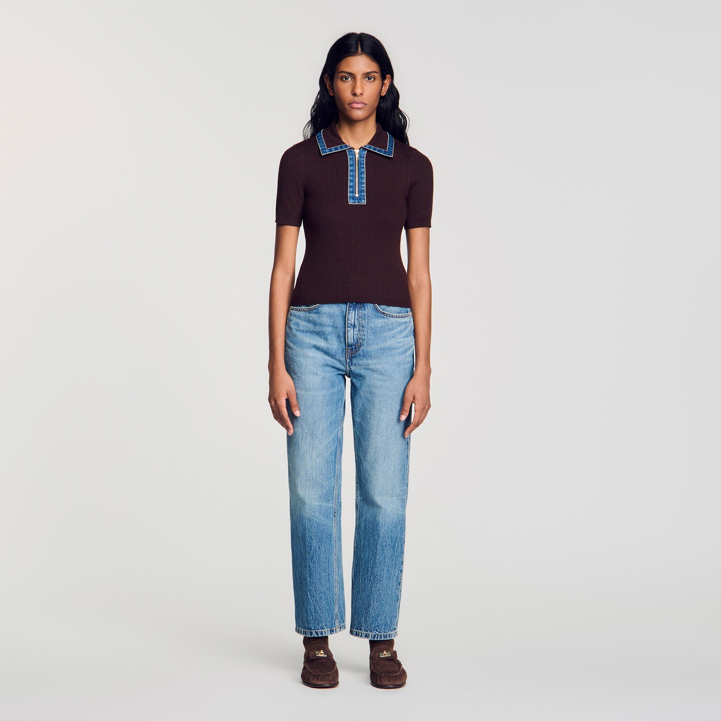 Richmond Knit polo jumper with denim collar Brown
