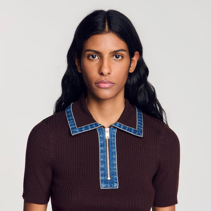 Richmond Knit polo jumper with denim collar Brown