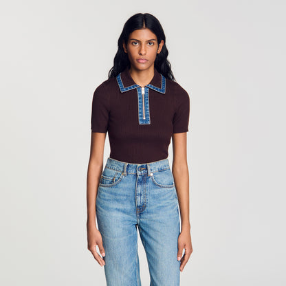 Richmond Knit polo jumper with denim collar Brown