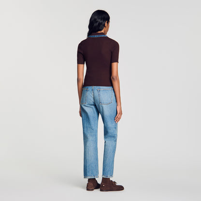 Richmond Knit polo jumper with denim collar Brown