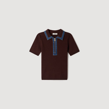 Richmond Knit polo jumper with denim collar Brown
