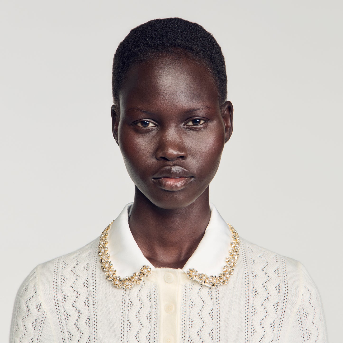 Mirabelle Jewellery-neck pointelle jumper Ecru