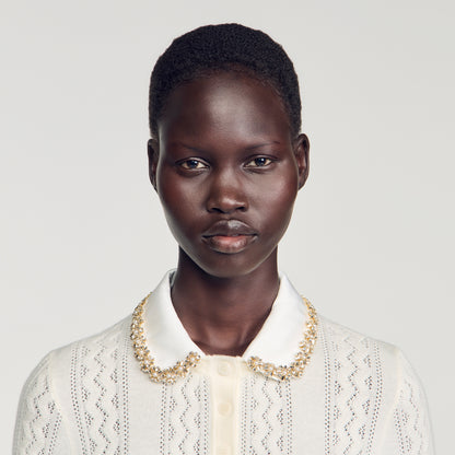 Mirabelle Jewellery-neck pointelle jumper Ecru