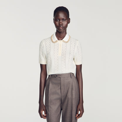 Mirabelle Jewellery-neck pointelle jumper Ecru