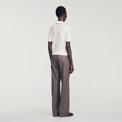 Mirabelle Jewellery-neck pointelle jumper Ecru