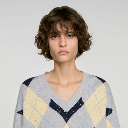 Jennie Rhinestone Argyle jumper Grey / Yellow