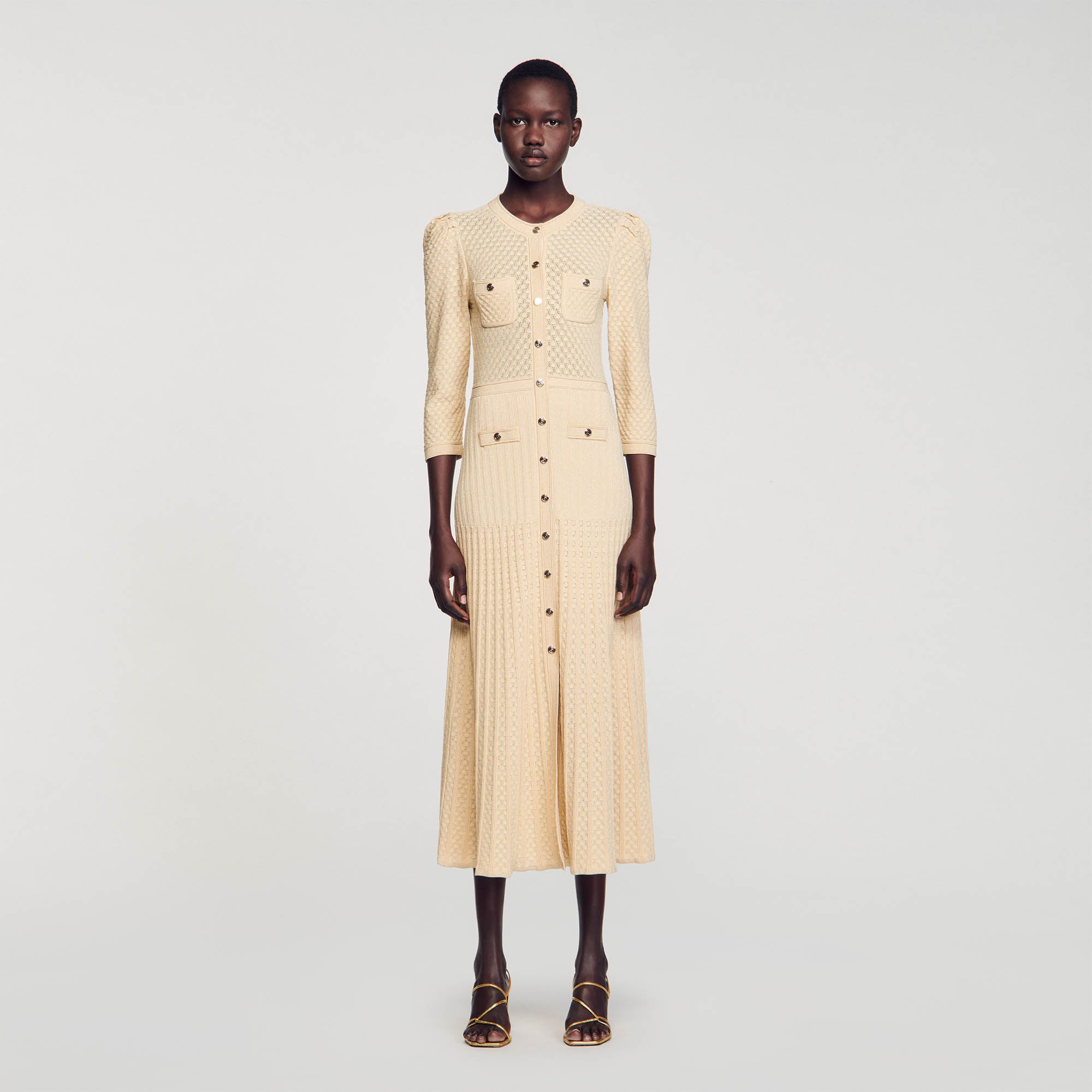 Ramia Pointelle Knit Midi Dress Gold Ramia Pointelle Knit Midi Dress Gold