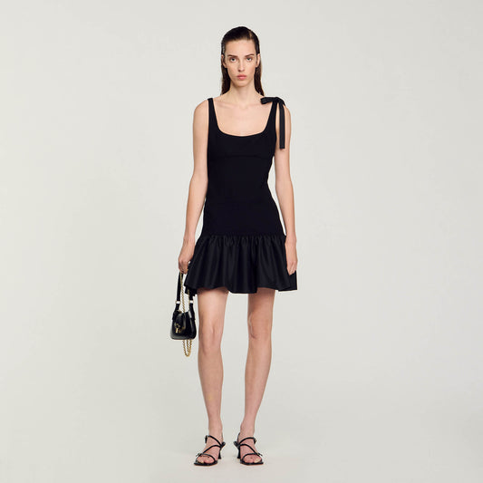 Dual-Material Short Dress Black
