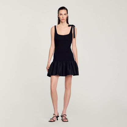 Dual-Material Short Dress Black