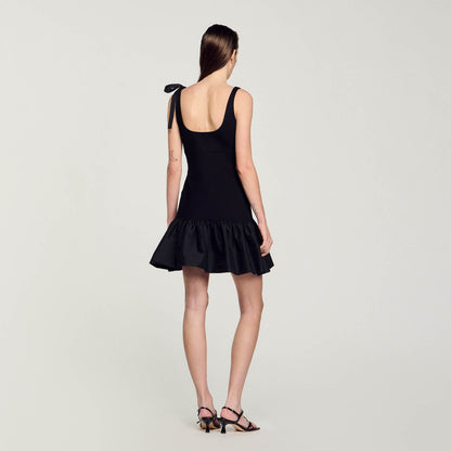 Dual-Material Short Dress Black
