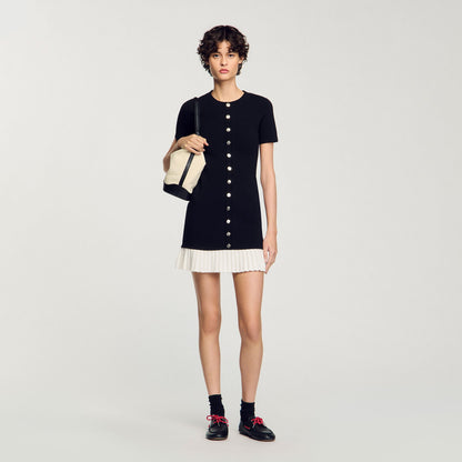 Short Knit Dress With Ruffle Black / Ecru