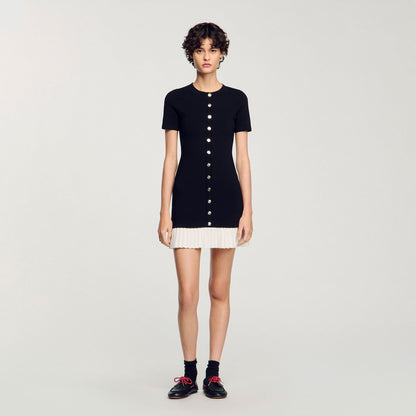 Short Knit Dress With Ruffle Black / Ecru