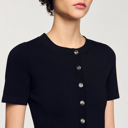 Short Knit Dress With Ruffle Black / Ecru