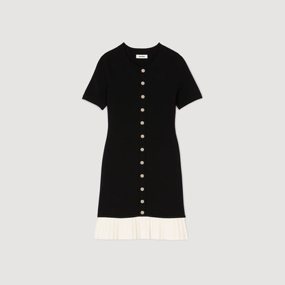 Short Knit Dress With Ruffle Black / Ecru