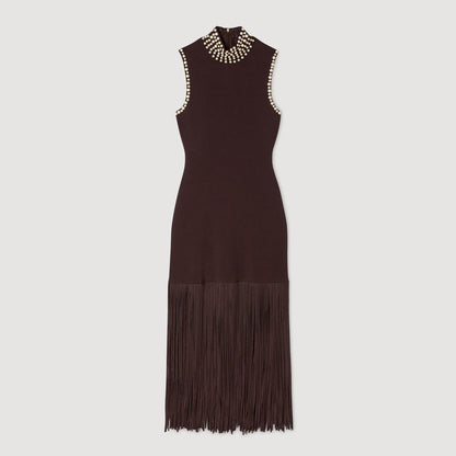 Cleopatre Fringed Knit Maxi Dress Brown