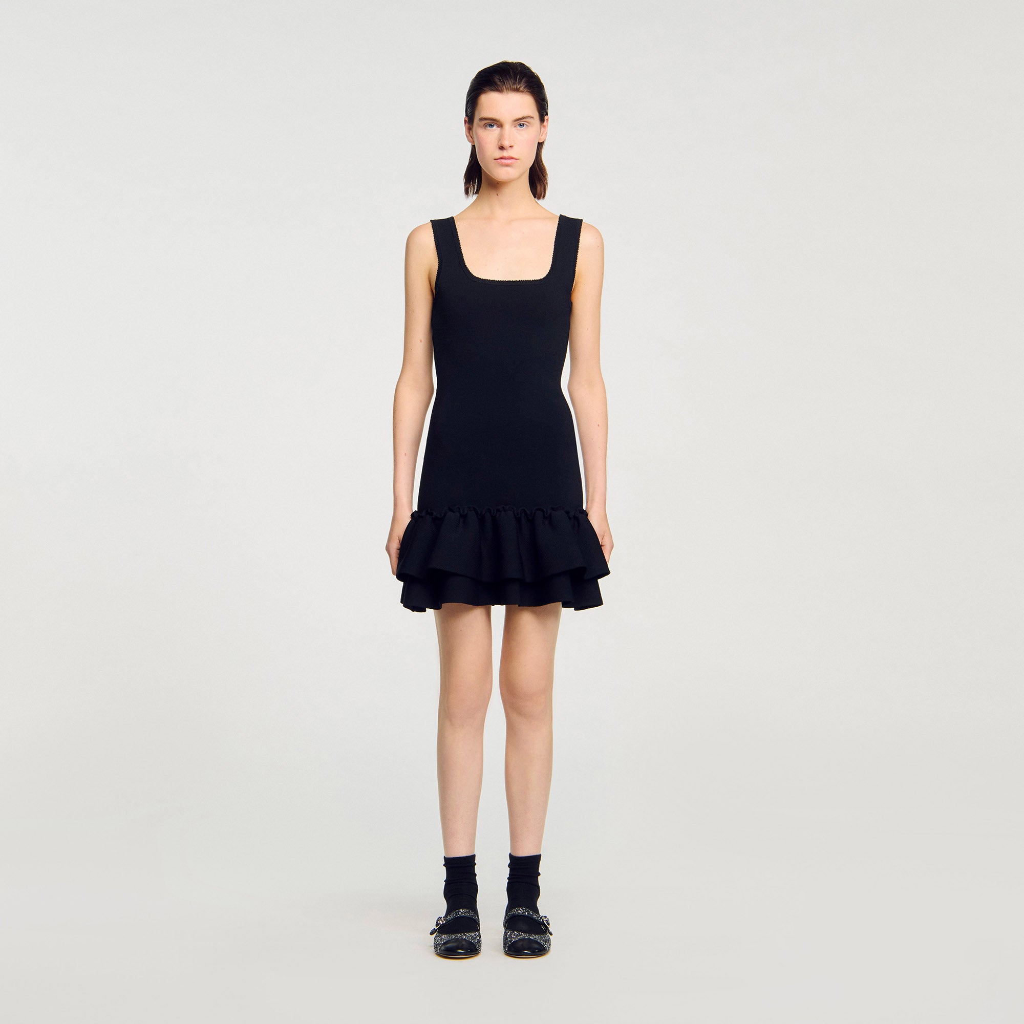 sandro short knit dress with ruffles Short knit dress with ruffles black / gray For Women
