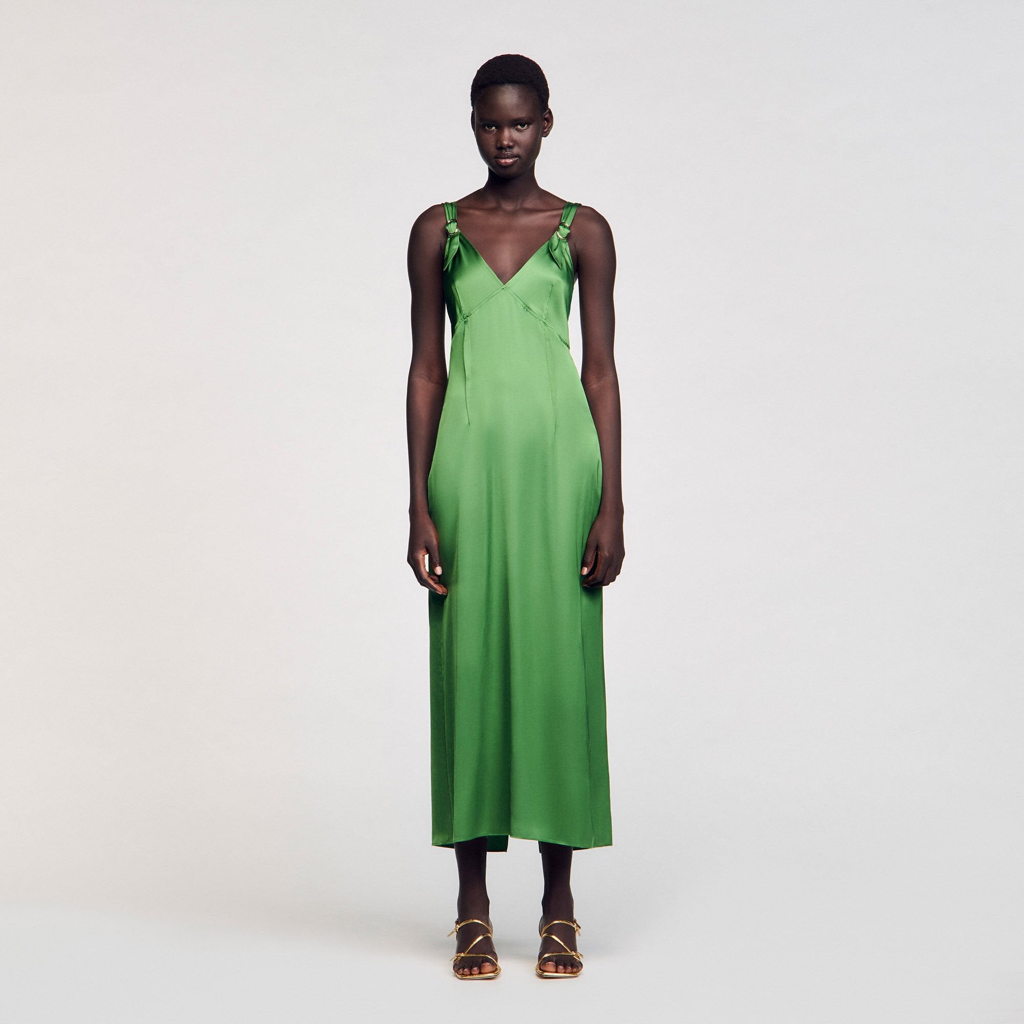 Shop Cecile Fluid Satin-Effect Dress Green for Woman Online - Sandro UAE Shop Cecile Fluid Satin-Effect Dress Green for Woman Online - Sandro UAE