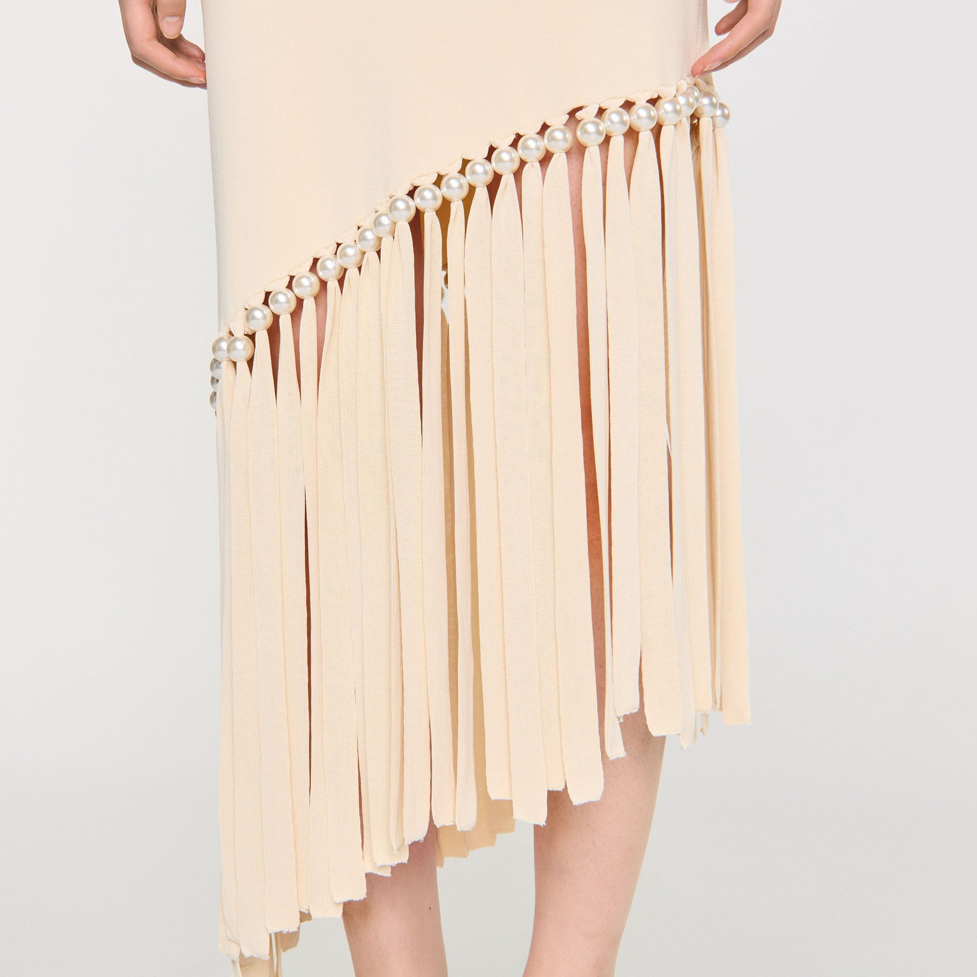 Swann Fringed And Beaded Knit Dress Ecru Ecru