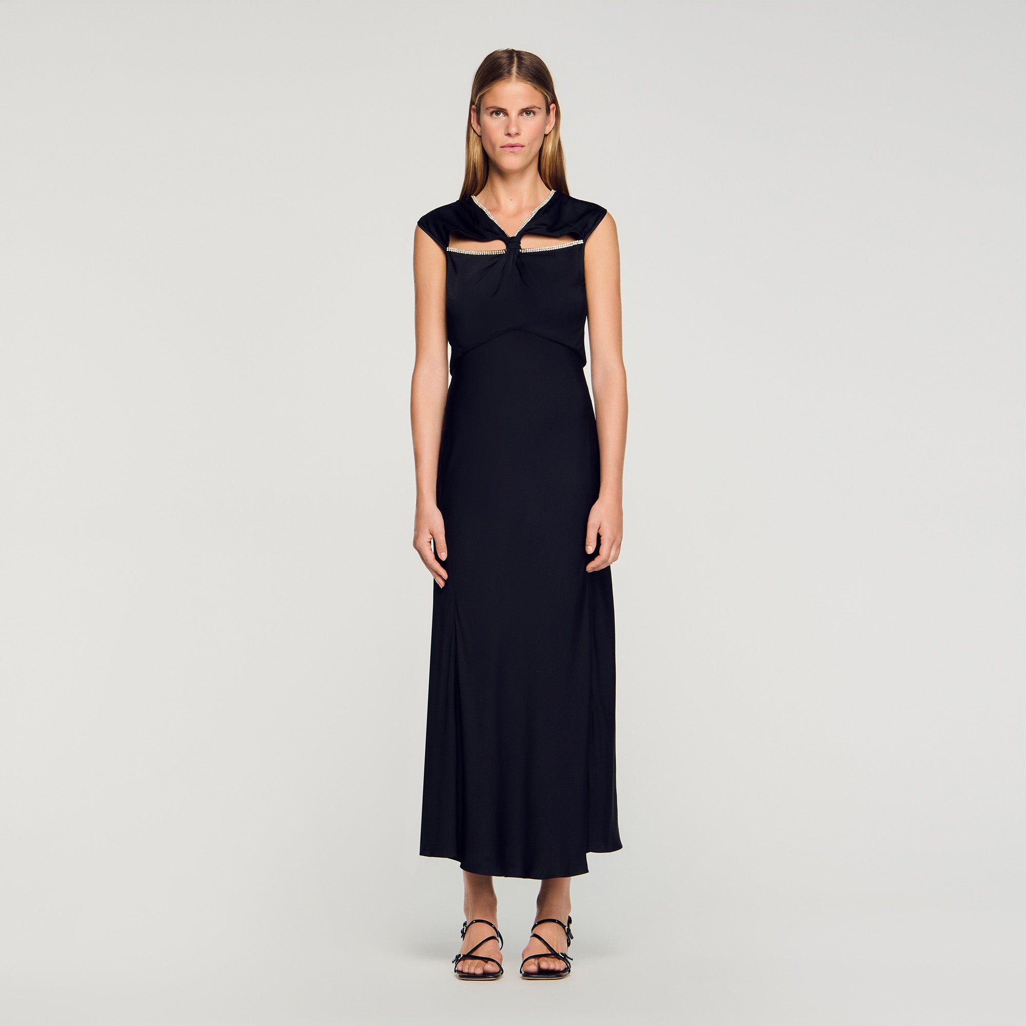 Croisette Satin Maxi Dress With Rhinestones Black