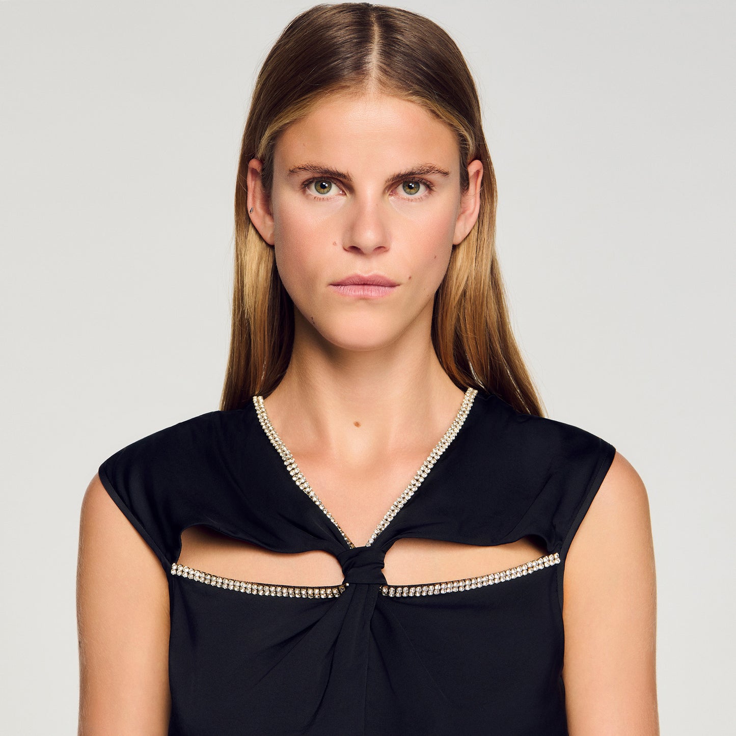 Croisette Satin Maxi Dress With Rhinestones Black