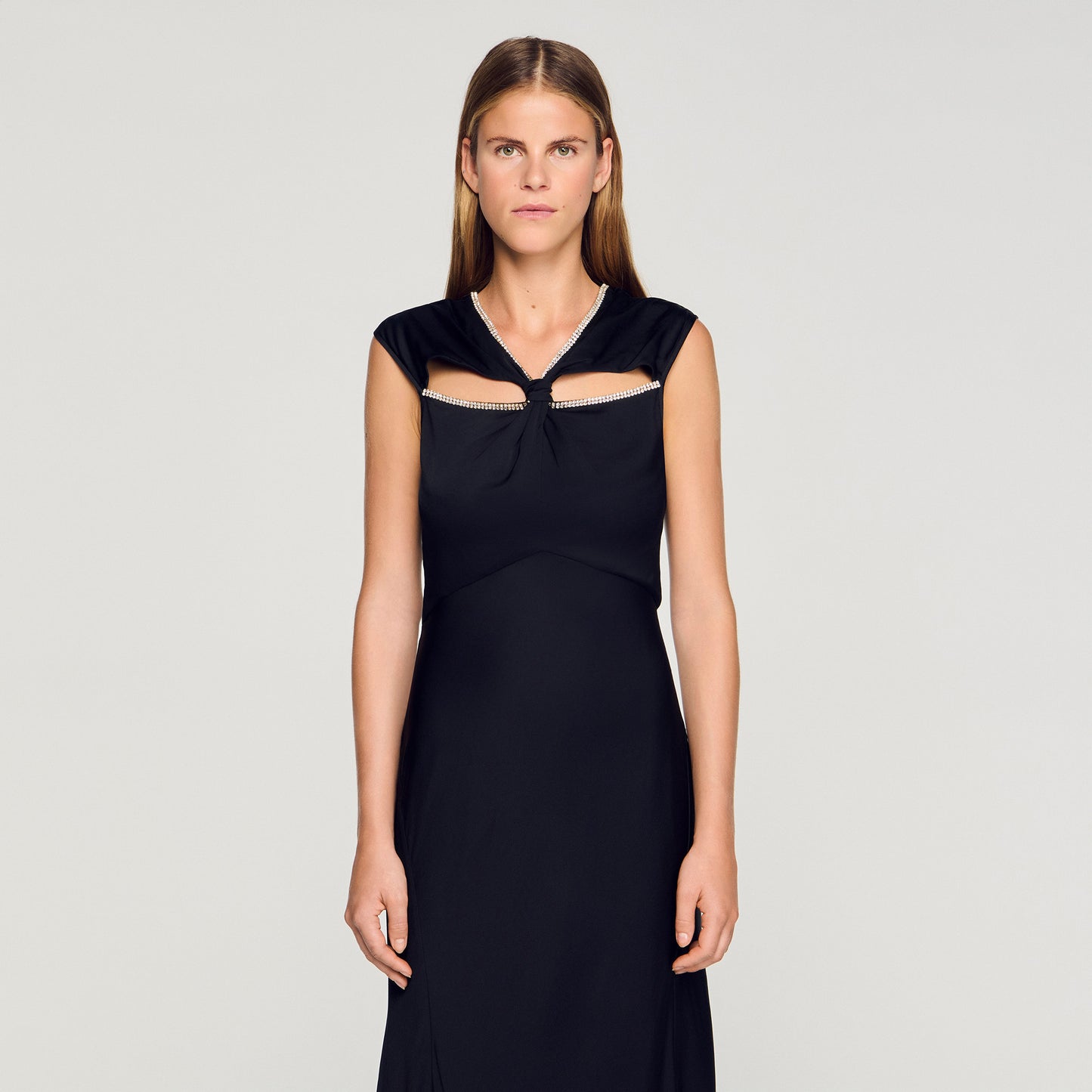 Croisette Satin Maxi Dress With Rhinestones Black