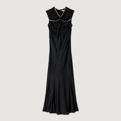 Croisette Satin Maxi Dress With Rhinestones Black