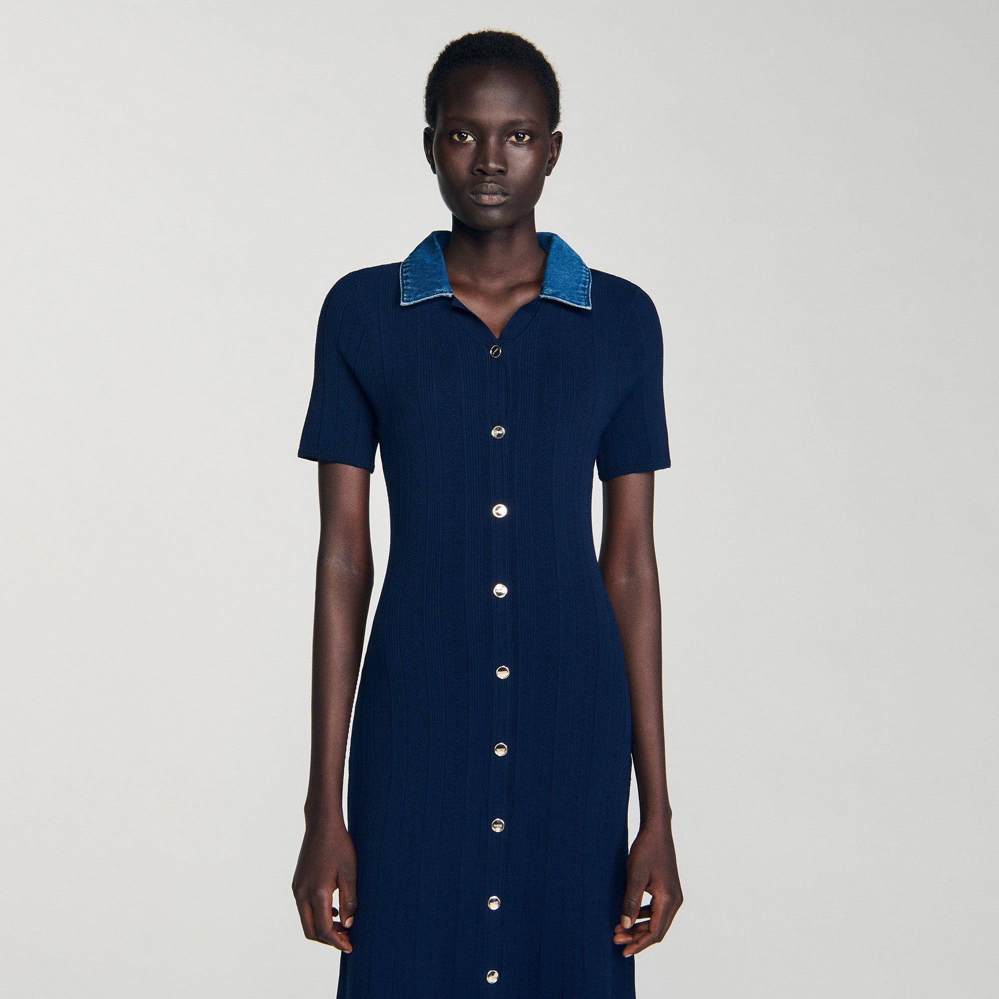 white christmas dresses Julietta Denim Collar Knit Maxi Dress Navy Blue
